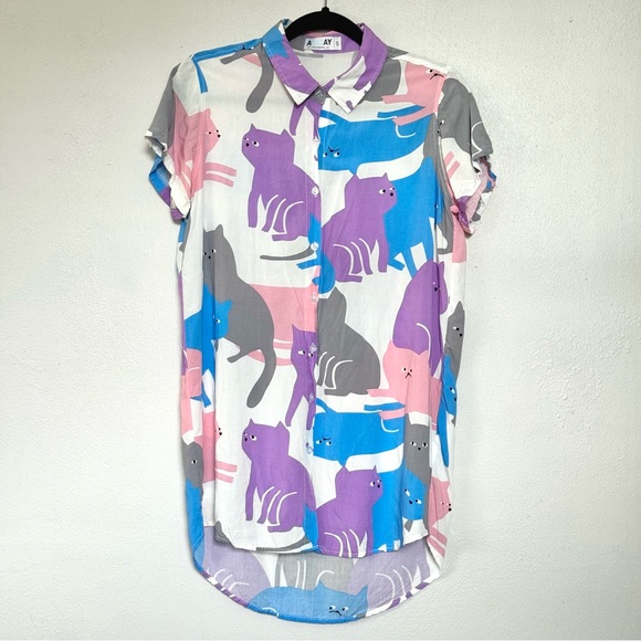 Pastel Cat Print Short Sleeve Collared Button Down Tunic/Shirt Dress Sz. S - Picture 9 of 12